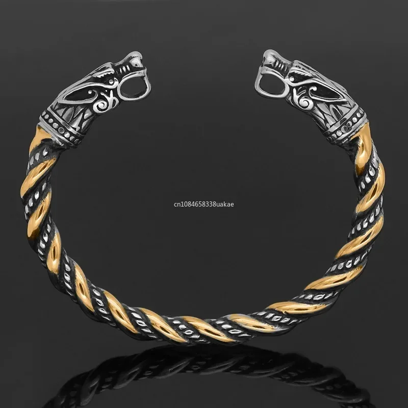 Norse Viking Wolf Head Bracelet Stainless Steel Opening Adjustable Wristband Cuff Dragon Bangle for Men Fashion Jewelry Gifts