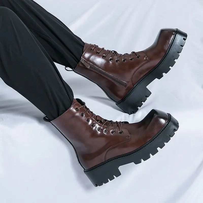 2025 Spring and Autumn Motorcycle Men British Style Side Zipper Thick-Soled Casual High-Top Leather Mid-Calf Work Boots - Image 4