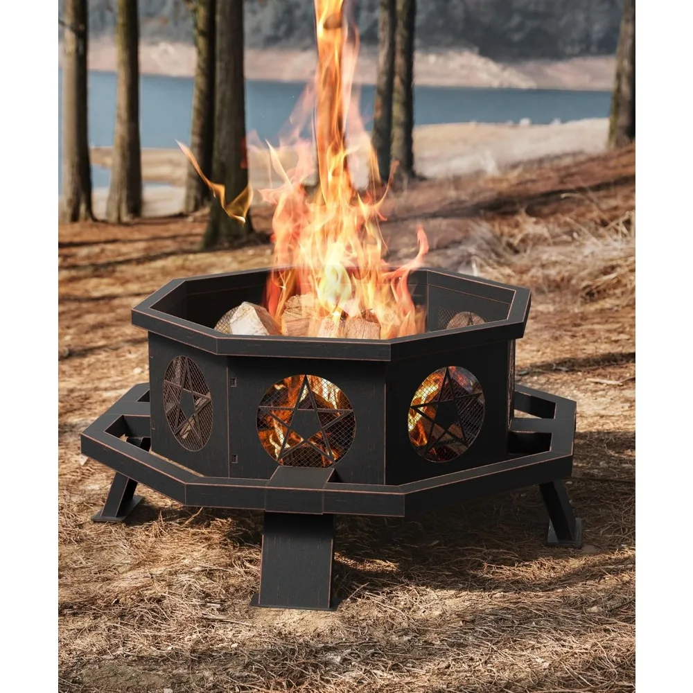 

35 inch Fire Pit, Large Firepits for Outside Wood Burning Fire Pits with Cooking Grill, Outdoor Fire Pit Octagonal Heavy Duty