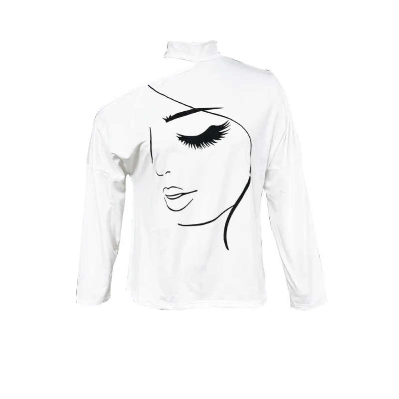 قميص نسائي أنيق مطبوع عليه وجه قميص Y2K INS أنيق مثير بأكمام طويلة وكتف واحد فضفاض تي شيرت ملابس الشارع