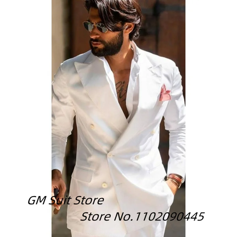 Mannen Pak Twee Stuk Effen Kleur Double Breasted Mode Spike Revers Slim Fit Cropped Broek Casual Business Party suits 2023