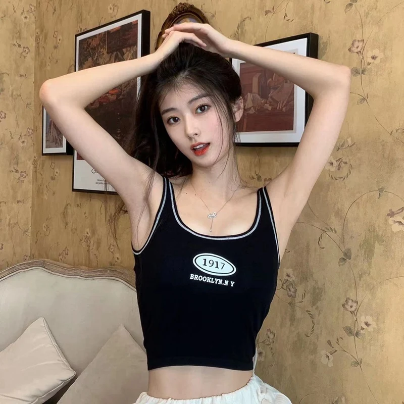 Women' Simple Sim Sports Casual Camisole With Built In Bra One-Piece Inner And Outer Wearable Hot Girl Cropped Top