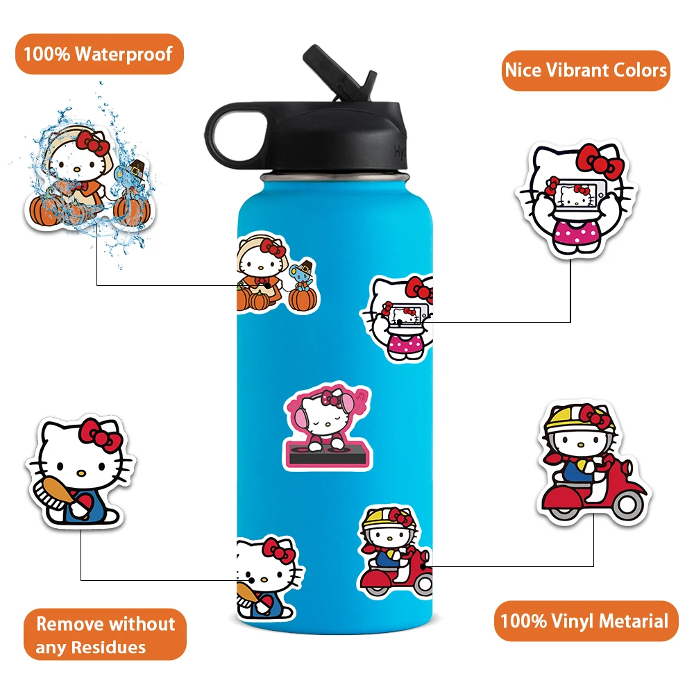 50/100pcs Cute Sanrio Hello Kitty Kawaii DIY Kids Teens Cartoon Anime Stickers Vinyl Waterproof Stickers for Skateboard Decals