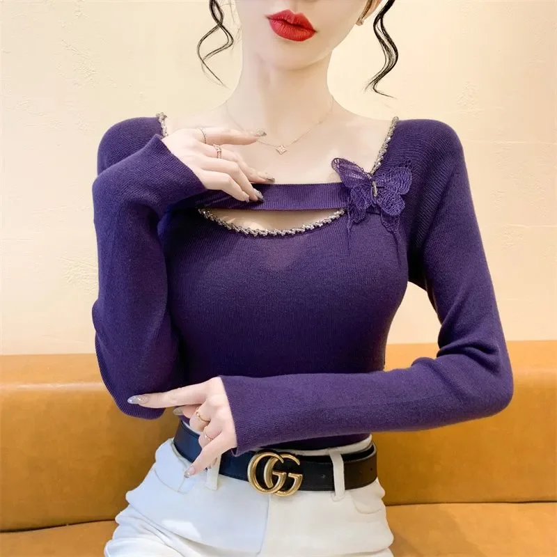 Long-sleeved Square Neck Three-dimensional Butterfly Pleated Drawstring New Style Sweater Sweater Bottoming Top Trendy Pullover