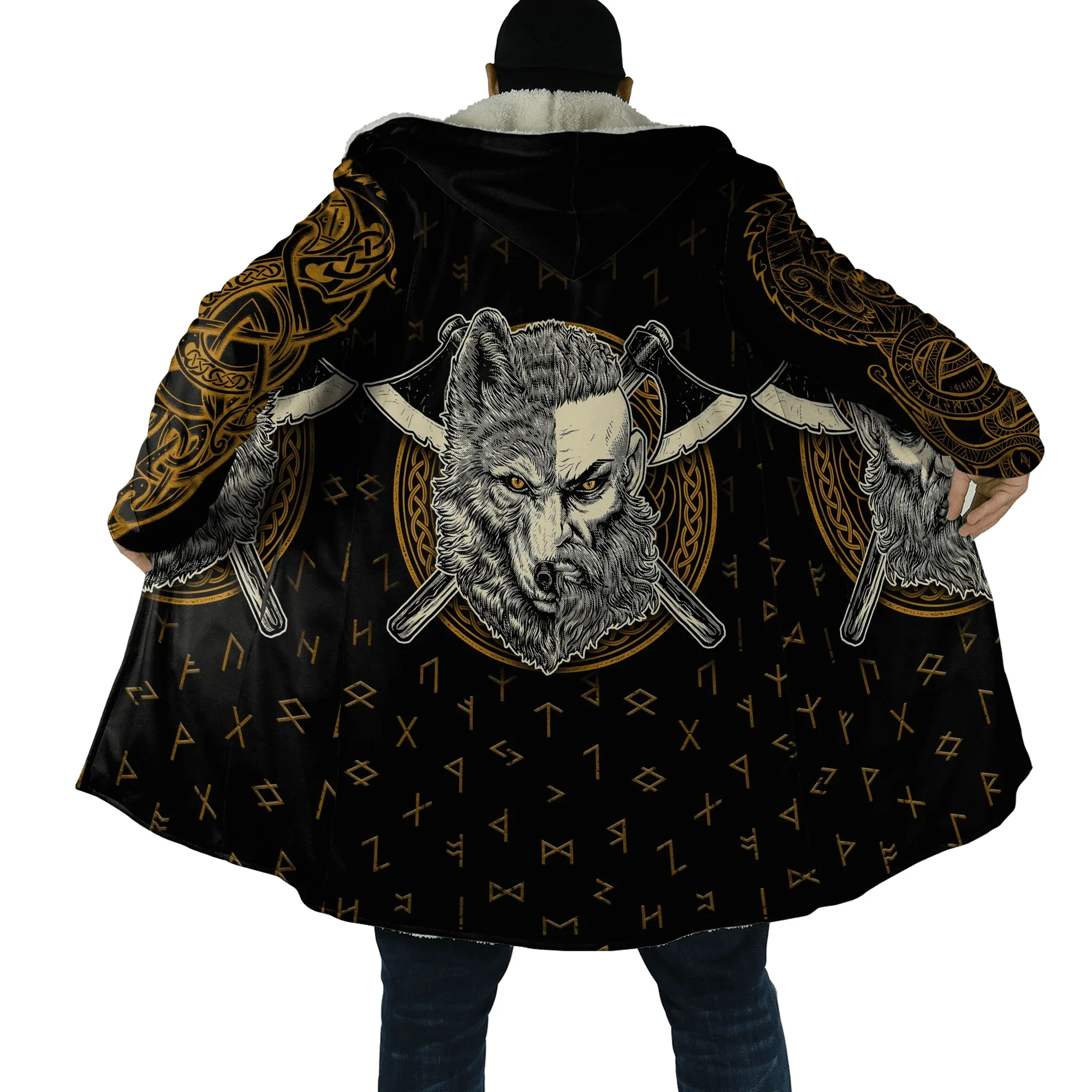 Winter Fashion Mens cloak Mjolnir Odin Tattoo Vegvisir Rune 3D Print Thick Fleece Hooded Coat Unisex Casual Warm Cape coat DP21