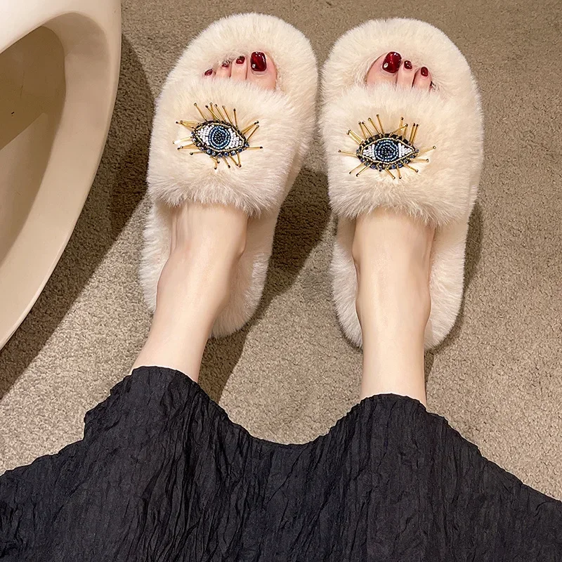 Women Winter Fashion Soft Warm New Comfort Flat Fur Slipper Outside Fluffy Slippers Indoor Soft Plush Shoe Women luxury Slippers