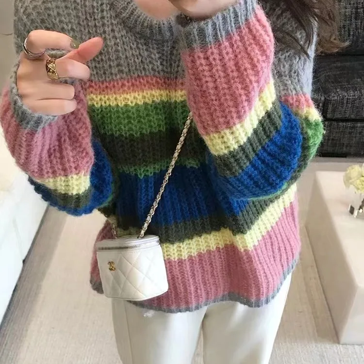 

Разноцветный полосатый свитер для женщин, свободная верхняя одежда, весна-осень, повседневный стиль, стандартный крой, 100% полиэстер