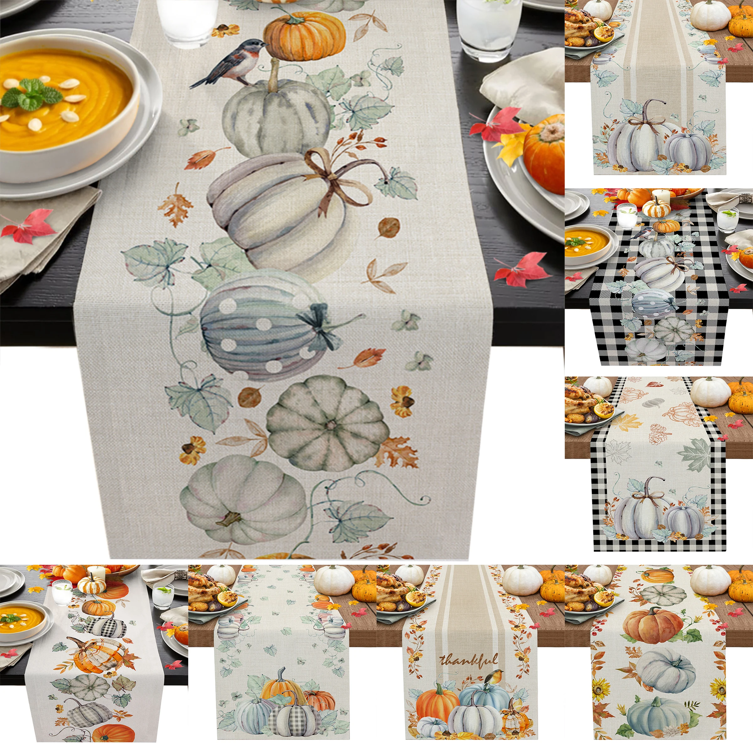 Autumn Pumpkin Maple Bird Linen Dining Table Runner Country Decor Washable Table Runner For Dining Tables Christmas Tables Cloth