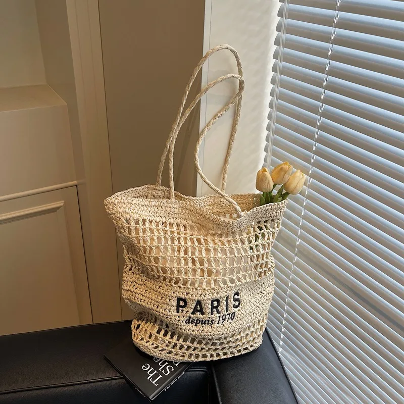

Woven Shoulder Bag Women Hollow Straw Women's Shoulder Bags Fashion Letter Embroidery Handbag Lady Large Capacity Beach Bags