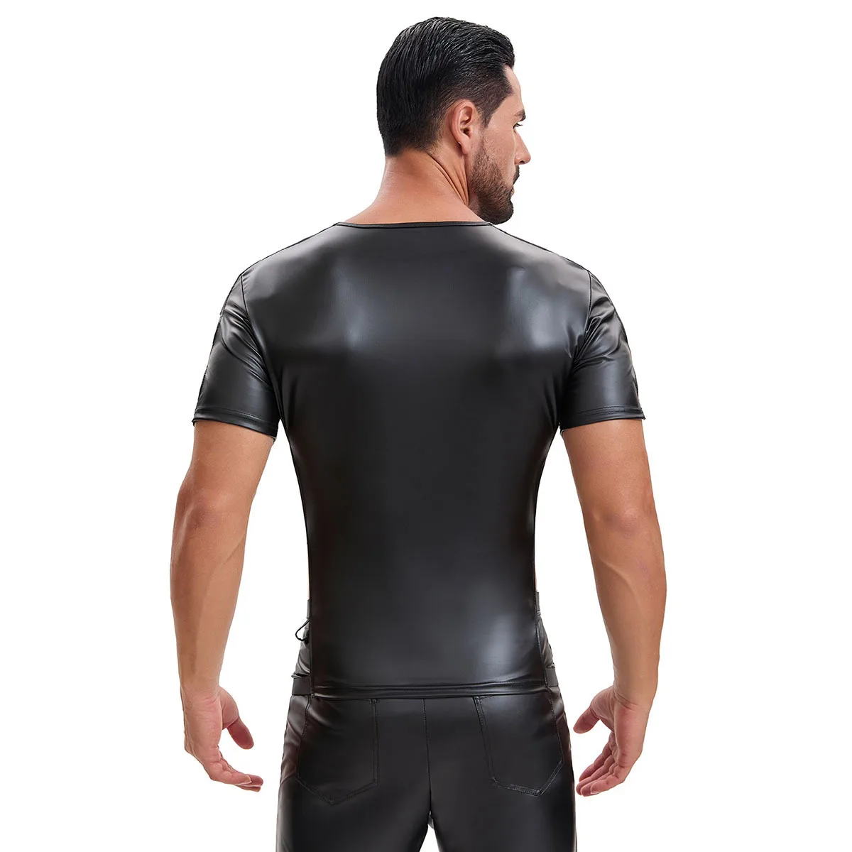 European And American Men's Matte Leather Short-sleeved Straps T-shirt Hollow Design Slim-fitting Elastic Sexy Nightclub Top