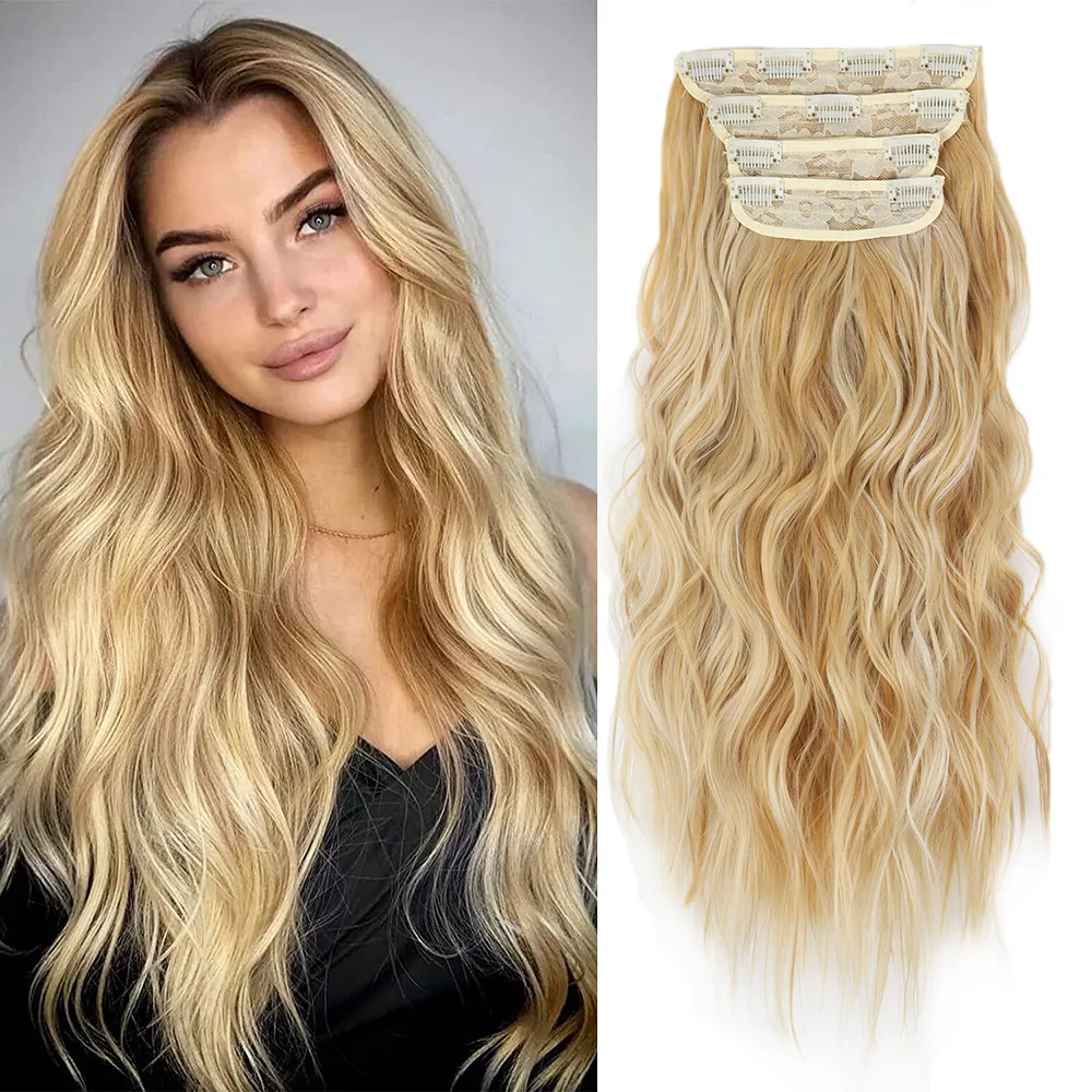 

Clip in Hair Extensions for Women Long Wavy Curly Clip on Hair Extensions 20 Inch Honey Blonde Synthetic Thick Hairpieces