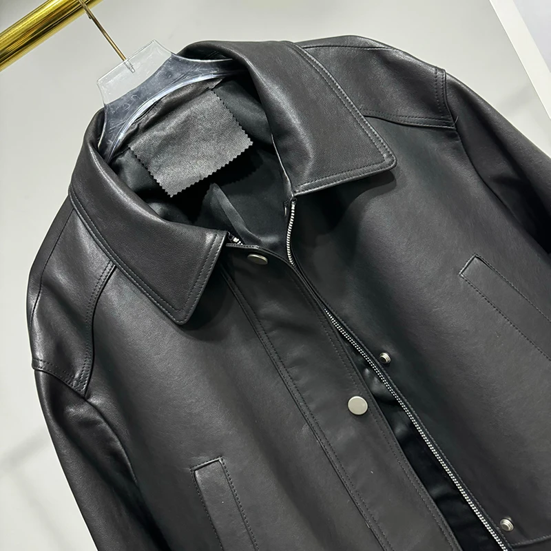 Giacca in pelle Autunno Donna Pelle di pecora conciata al vegetale piena Tasche con risvolto Camicia ampia da medio a lunga Trench Coat Blusas De Mujer