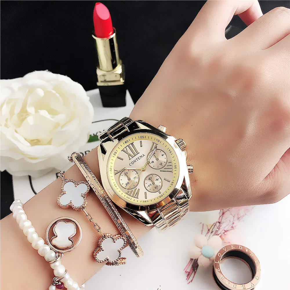 CONTENA Brand Women Watches Luxury Stainless Steel Ladies Quartz Wristwatch Fashion Elegant Rose Gold Female Watch Reloj Mujer