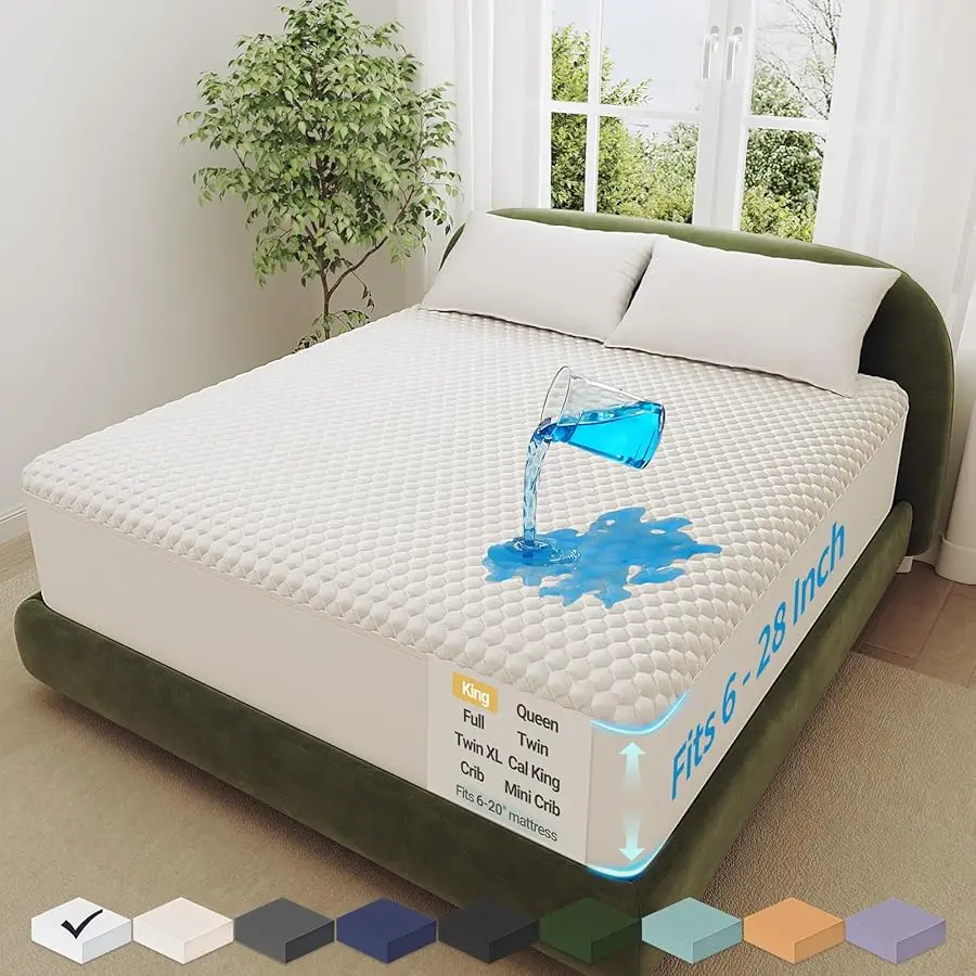 

100% Waterproof Mattress Protector, Queen Size Mattress Pad, Fits 6"-20" Mattresses with Deep Pocket, Cooling, Breathable Fitted