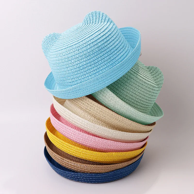 Summer Sun Hat Boys Girls Children Panama Sun Hat Children Ear Decoration Sun Hat Solid Kid Floppy Panama Hat