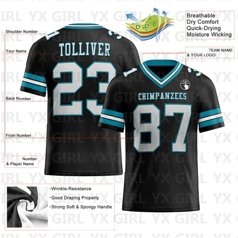 Custom Black White-Teal Mesh Authentic Football Jersey Personlized Team name and you name number V-Neck Football T-Shirts