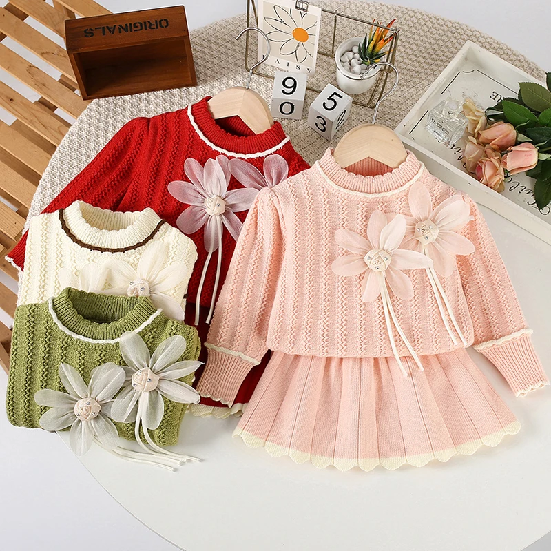 

Christmas Suit Baby Knitted Flower Suits Clothes Baby Girl Round need knitted sweater+Pleated Skirt Baby Girl New Year Party Set