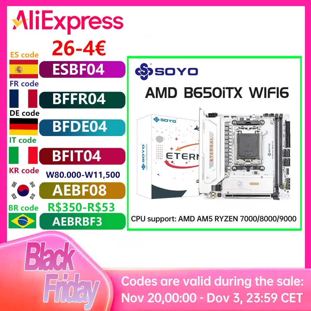 B650ITX AMD Motherboard AMD Ryzen AM5 DDR5 Supports CPU 7000 8000 9000 Processors Pcie5.0x16 Pcie4.0x4 M.2 ARGB WIFI6 SOYO