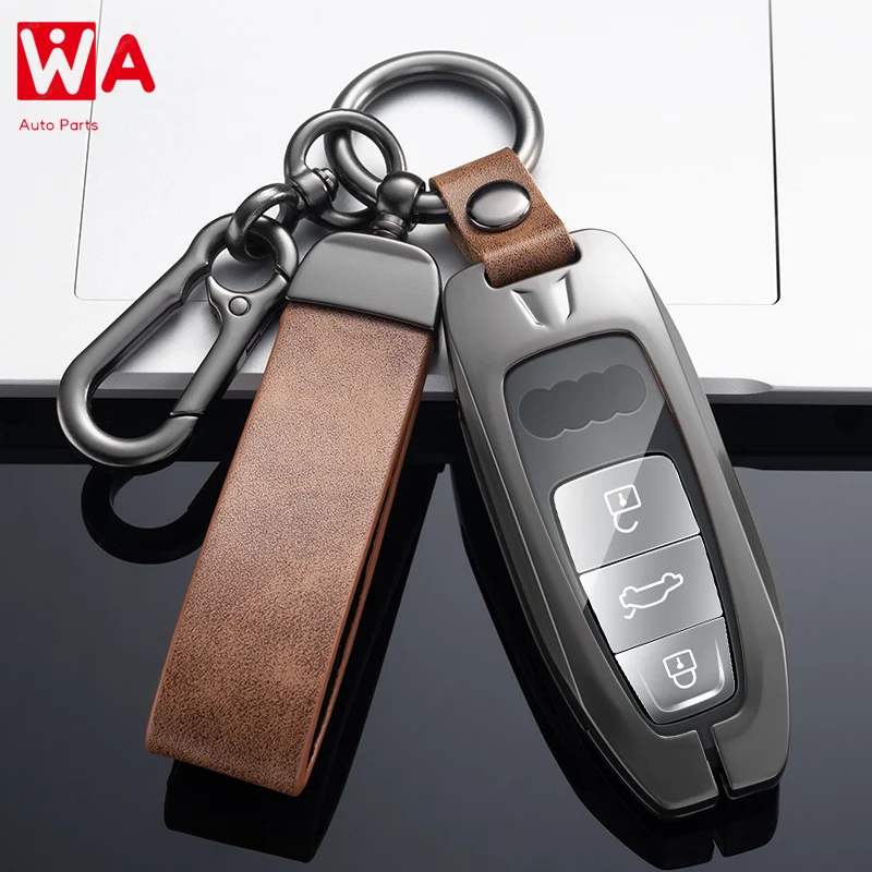 

New Metal Leather Car Key Cover Case For Audi A6 A6L A7 A8 Q8 E-tron C8 D5 2018 2019 2020 Auto Key Holder Shell Accessories