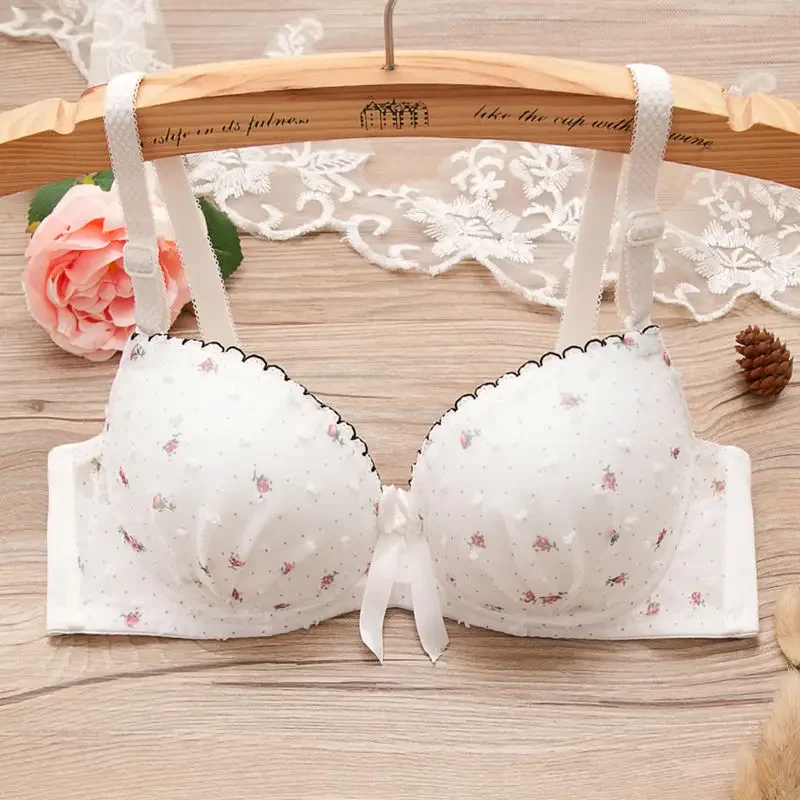 Puberty Women A B Cup Floral Print Underwire Bra Sweet Student Lace Bow Push Up Adjustable Small Bras Cotton Sexy Thin Underwear