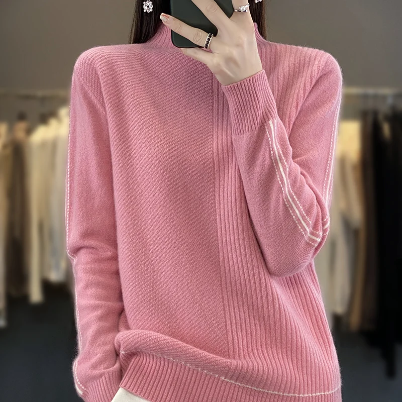 

Fall/Winter New Women's Semi-high Collar 100% Merino Sweater Knitted Sweater with Color Matching Loose Top