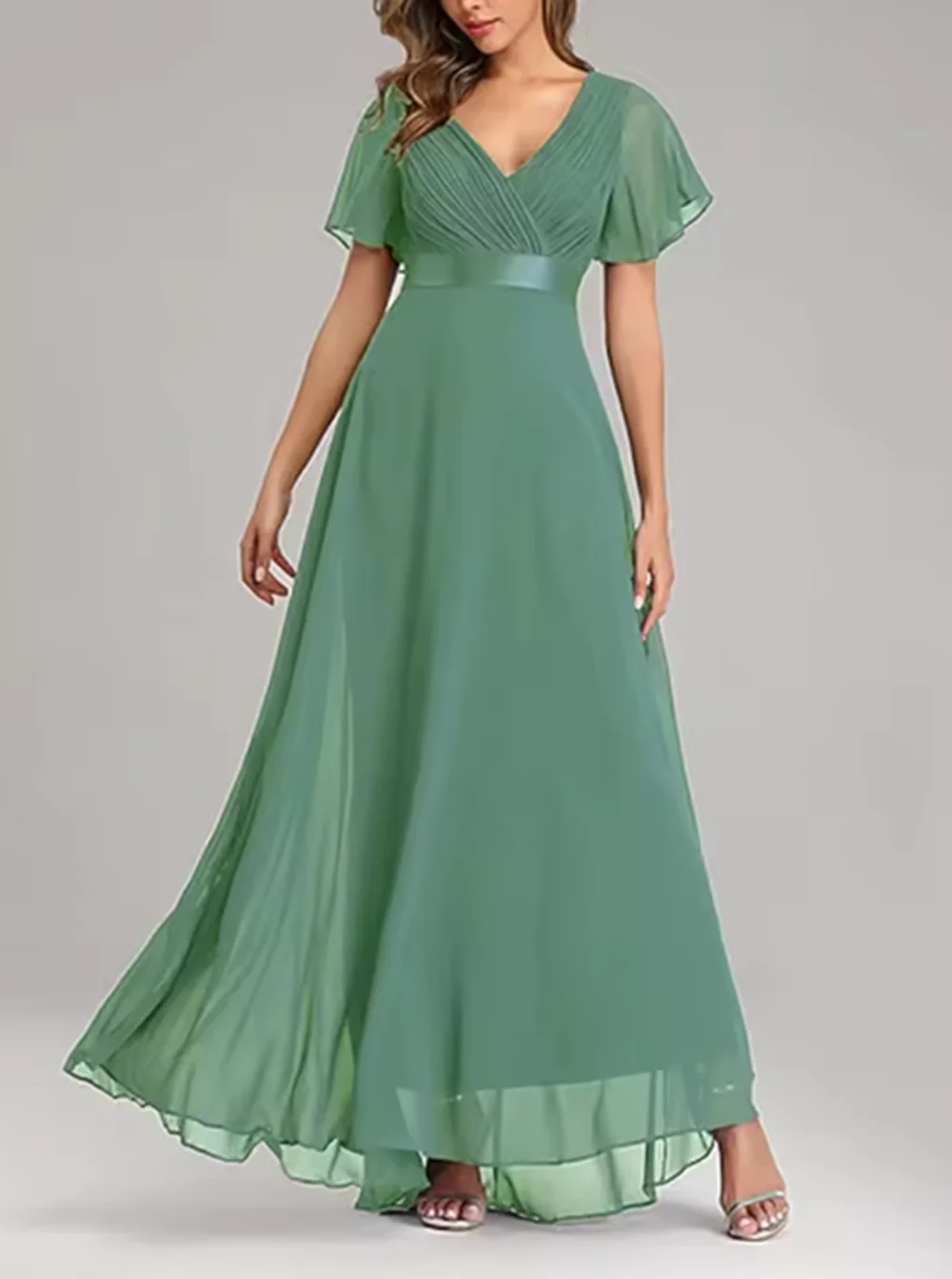 V Neck Short Sleeve Wedding Guest Floor Length Chiffon Bridesmaid Dress Ruched Ruffle Formal Evening Dress 2025 free customized