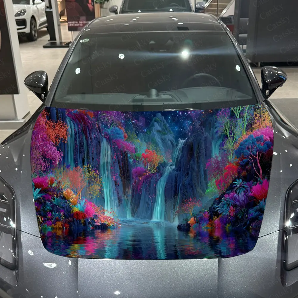 

Psychedelic Rainbow Waterfall Car Hood Stickers - Self-Adhesive, Waterproof and Durable Vinyl Wrap, Decorate And Protect Your C