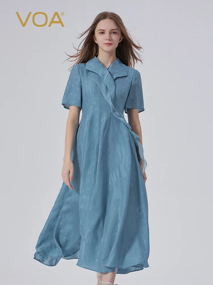 VOA100% mulberry silk silhouette blue yarn lapel bead buckle loose-leaf design national style short-sleeved silk dress women