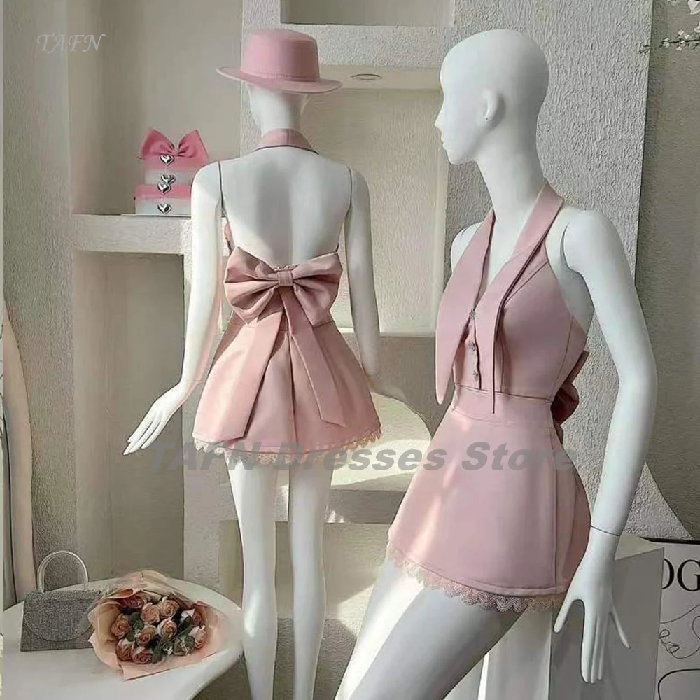 TAFN Abito da ballo elegante rosa con scollo a V senza maniche Abito da festa con scollo all'americana A-line Abiti da sera con fiocco grande Backless Custom Made Personalizzato