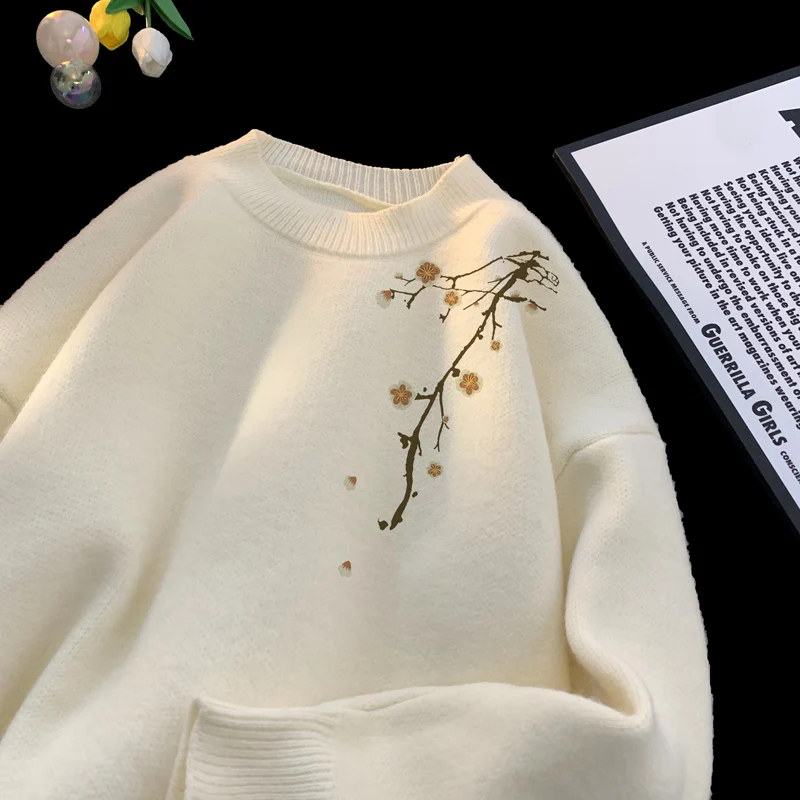 

Men's Oversized Sweaters Autumn White 5XL Knitted Sweater Plum Blossom Print Casual Wear for Man Knit Pulloves Men Clothes