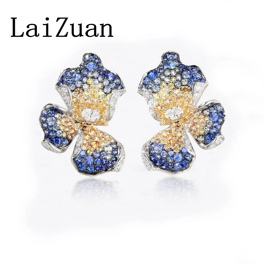 LaiZuan Solid 18K White+Yellow Gold Flower Sapphire Diamonds Earrings Yellow Sapphire Stud Handcrafted Elegant Style Luxurious