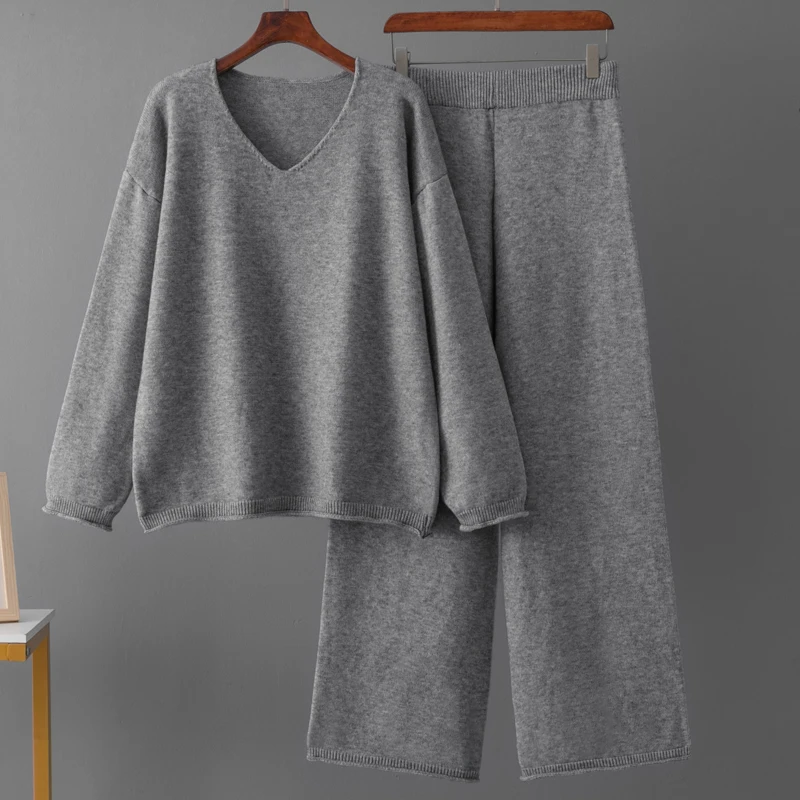 Warm Winter Knitted Two Pieces Sets Women Outfits Long Sleeve V Neck Sweaters+Casual Wide Leg Pants Basics Loose 2pcs Suits