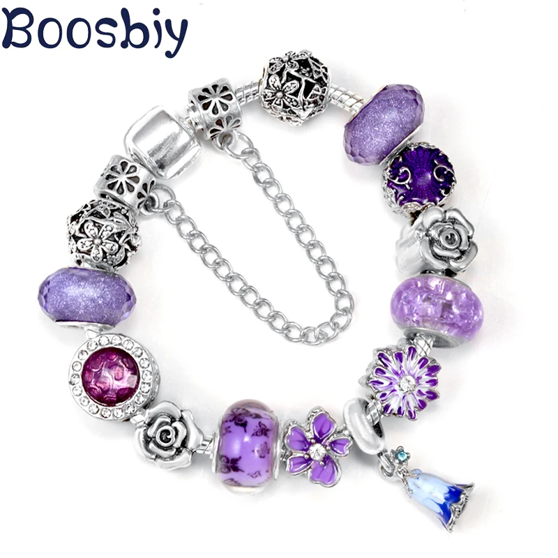 Beatiful Purple Flowers Beads Chain With Pendant Charm Bracelet DIY Fashion Brand Jewelry Gift For Women & Kids Gift New Design