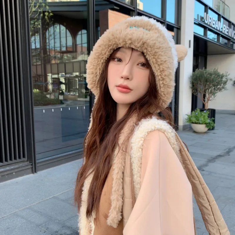 Cute Bear Ears Plush Hat Women's Winter Warm Ear Hat Fluffy Autumn and Winter Big Head Circumference Knitted Wool Hat