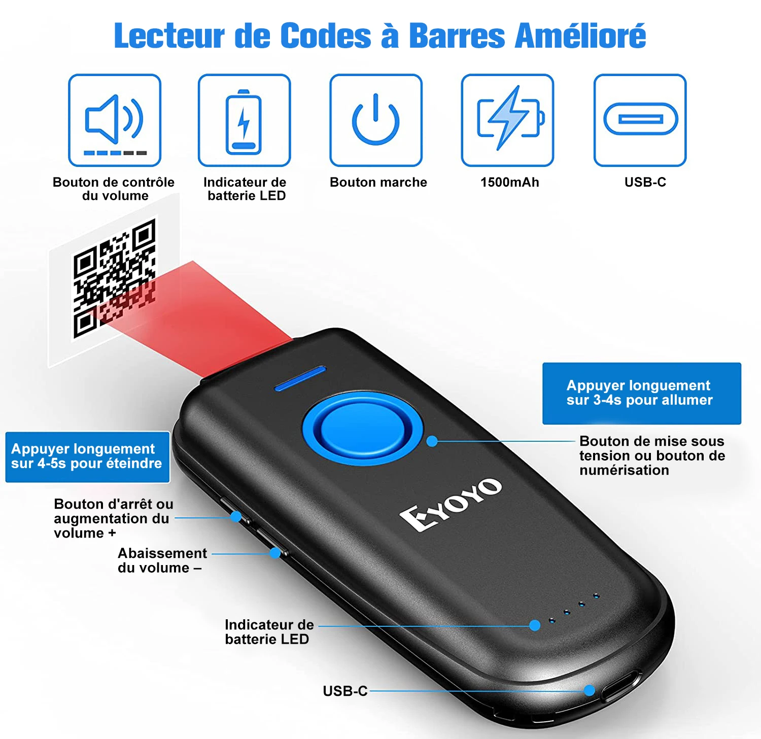 Imagem -02 - Eyoyo-leitor de Imagem qr Portátil com Interruptor de Alimentação e Volume Ajustar Botão Data Matrix Barcode Scanner Ey023 2d Pdf417