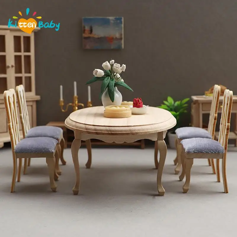 1:12 Dollhouse Miniature Wooden Dining Table Chair Set Simulation Furniture Model Toy For Dollhouse Restaurant Decor