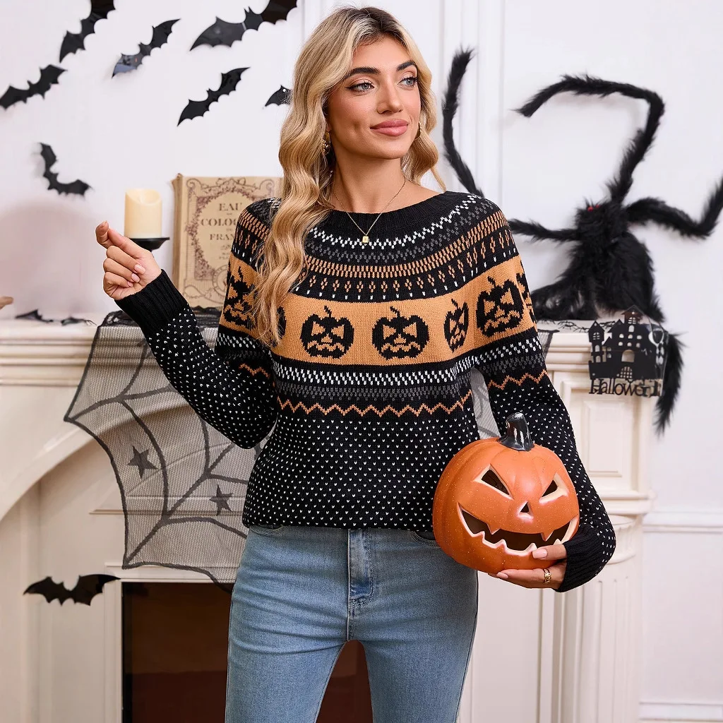 New Women Halloween Pumpkin Pattern Knitted Sweater O-Neck Long Sleeve Striped Pullover Casual Autumn Winter Festival Knit Tops
