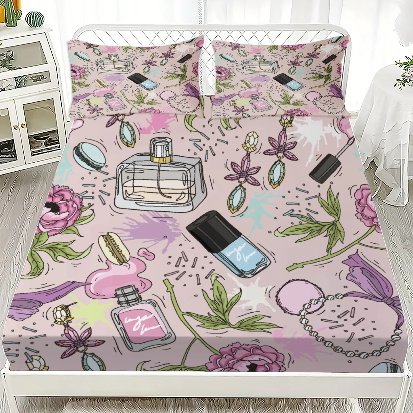 

3pcs Pink Fitted Sheet Sets Gifts For Girls Perfume Bottles Flowers Jewelry Nail Polish 3D Printed Flat Sheet With Pillowcases
