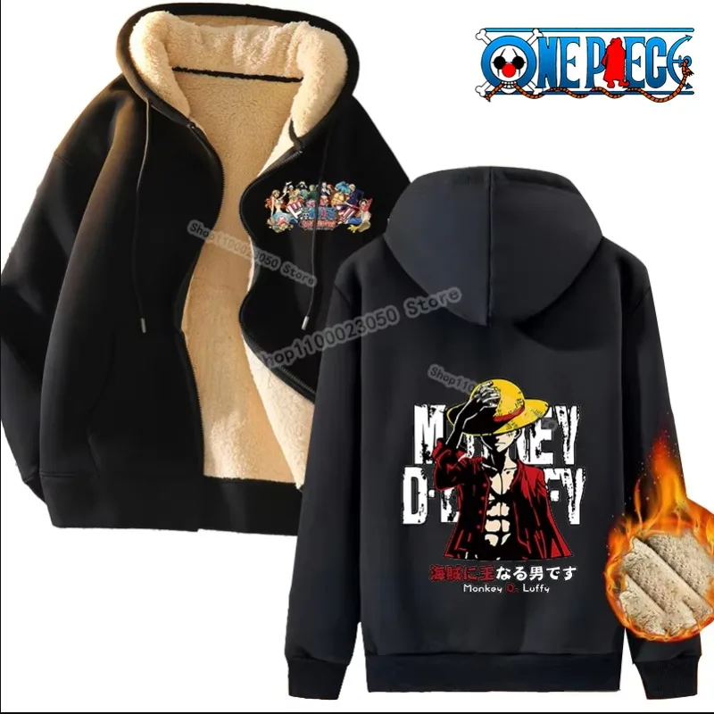 One Piece Men Zip Up Hoodies Luffy Winter Fleece Hooded Sweatshirt Cartoon Pullover Female Outerwear Sport Coat Streetwear Gift