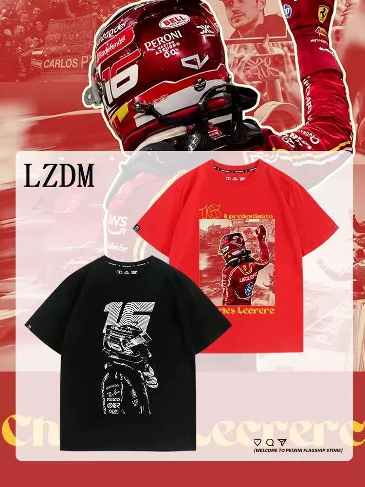 camiseta-masculina-de-manga-curta-leclerc-f1-16º-aniversario-algodao-puro-respiravel-estampada-gola-redonda-verao