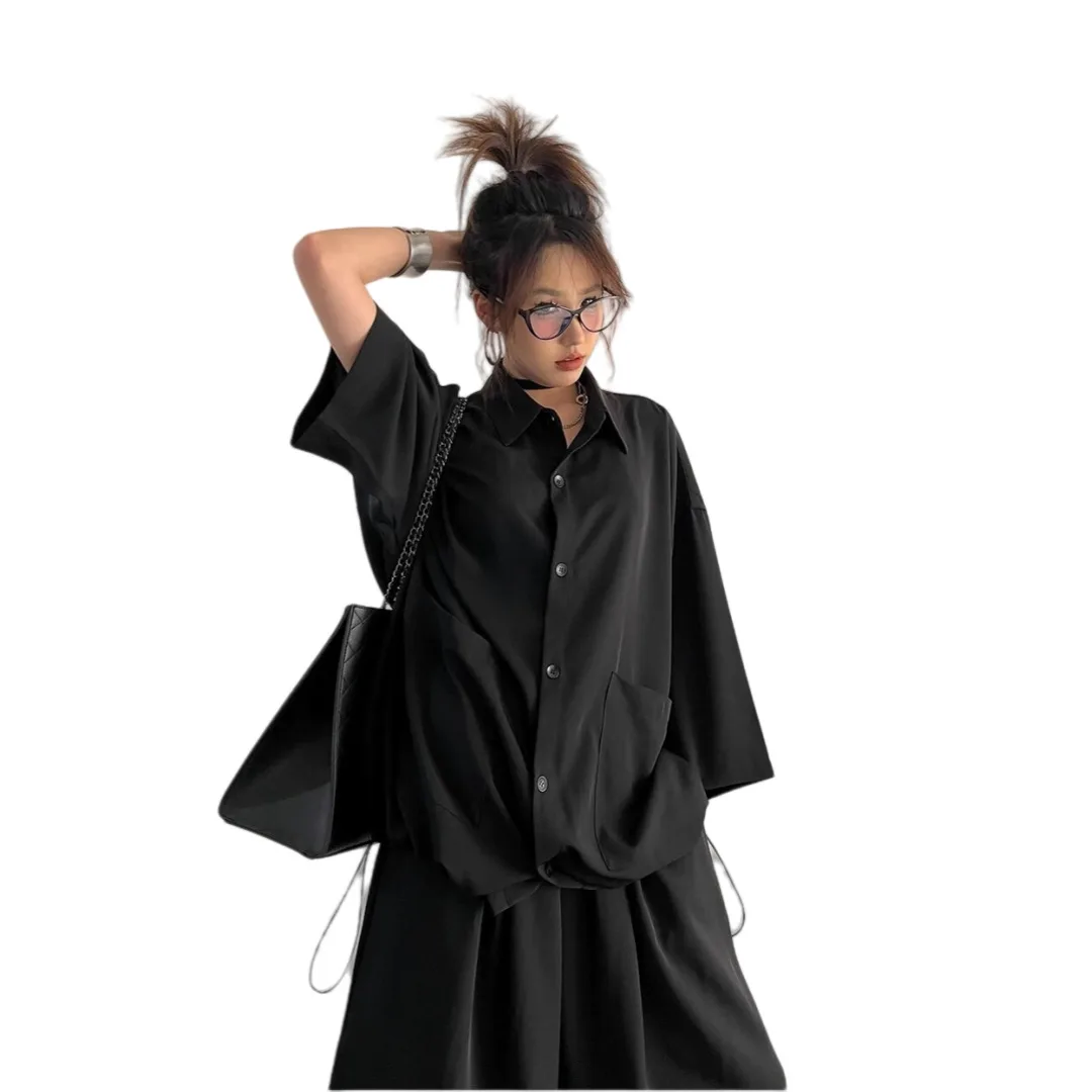 Set da due pezzi pigro retrò nero sportivo estivo da donna casual camicia sottile a 3/4 maniche e pantaloncini larghi a 5 punti