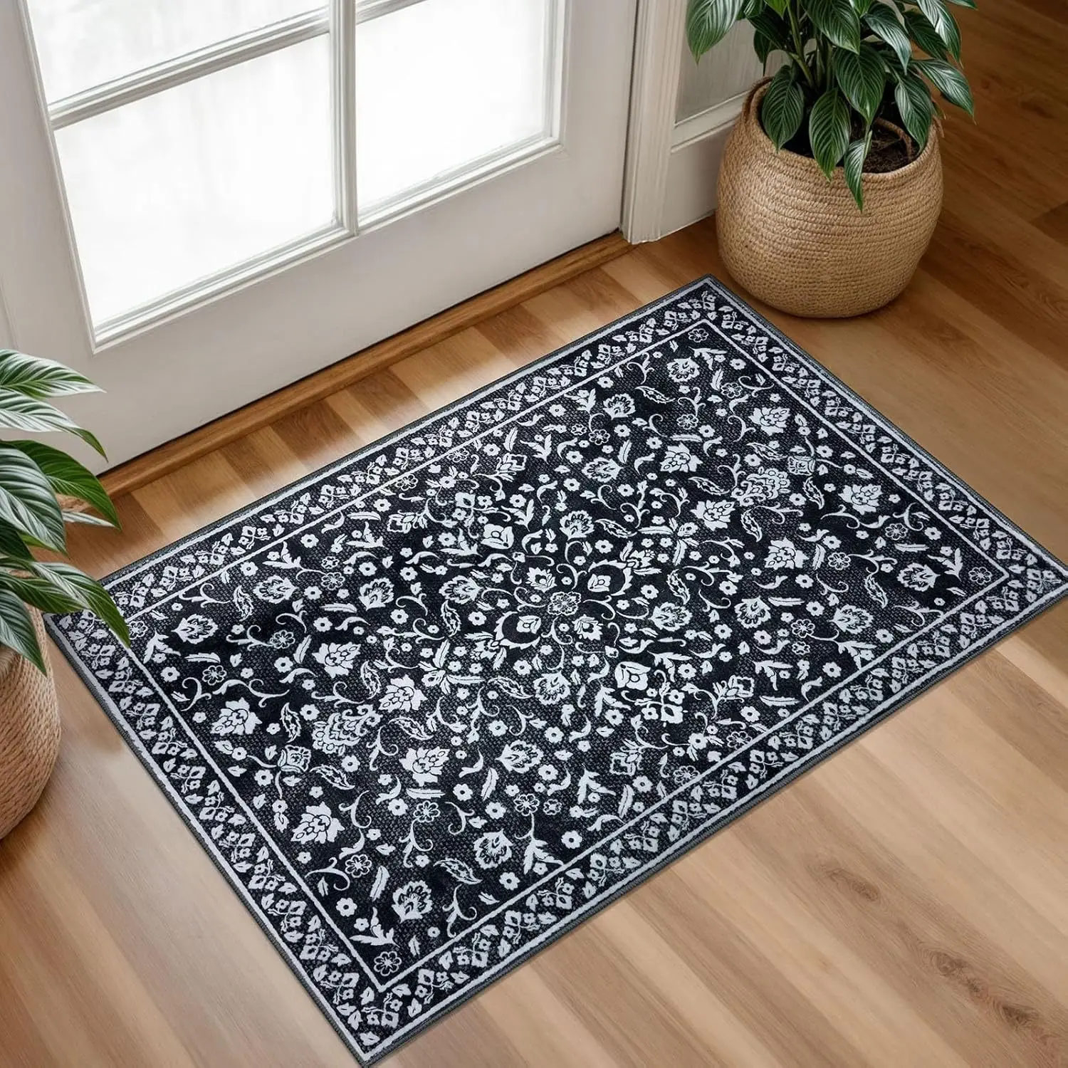 VIKAMA Blue White Floral Vintage Doormat Non-Slip Indoor Rug Water Absorbent Entrance Mat for Farmhouse Home Decor