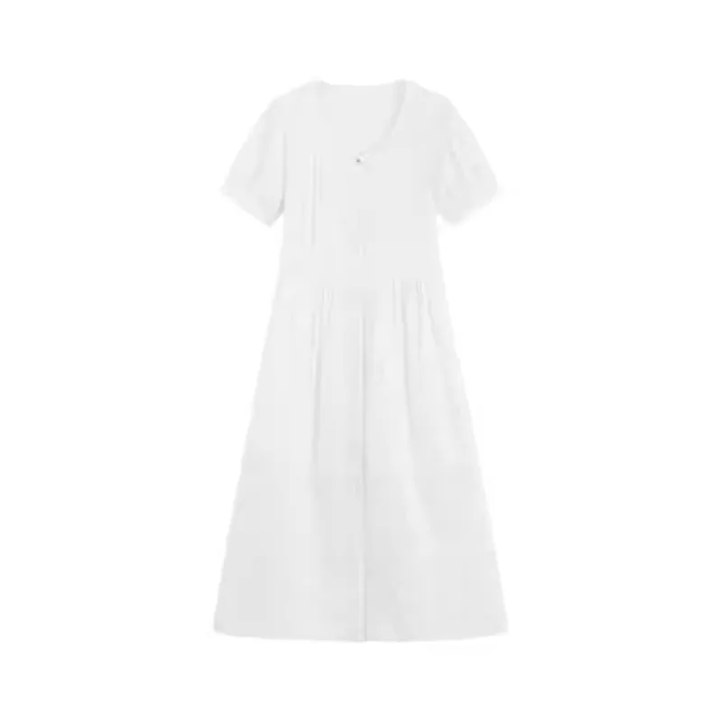 Summer Elegant Dress Lace Patchwork Midi Dress Round Neck Short Sleeve Slimming Pleated A-line Outfit for Casual or Vacation