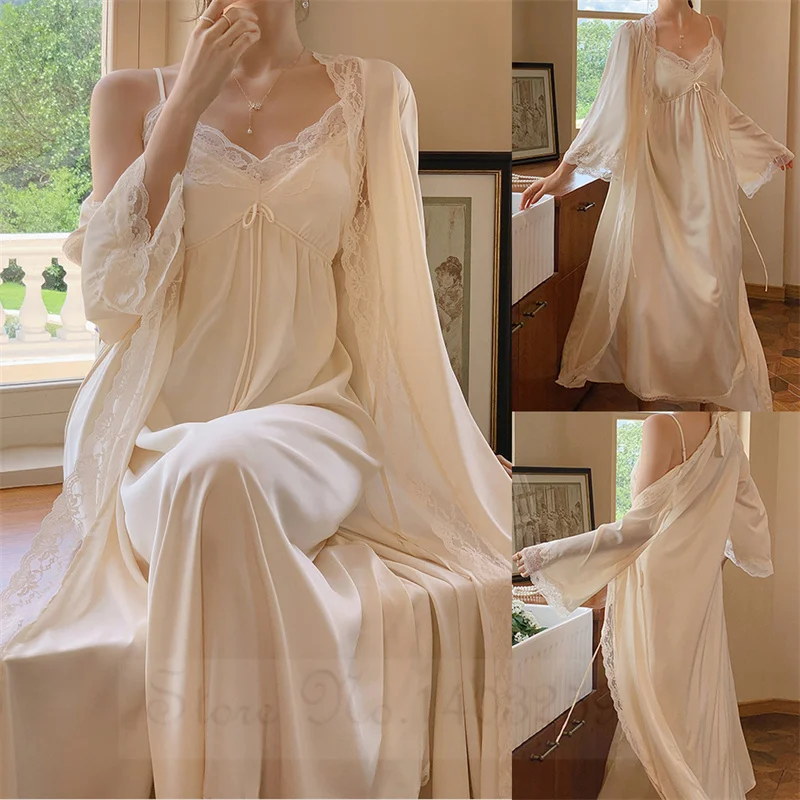 Long Bride Wedding Dress Robe Set Sexy Lace Female 2PCS Sleepwear Nightgown Satin Bathrobe Gown Casual Home Wear Loungewear