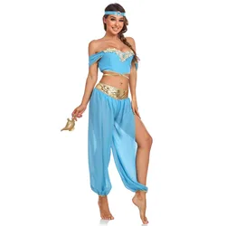 Adult Princess Jasmine Cosplay Costume Aladin and The Magic Lamp Sexy Top Pants Headwear Set Women Halloween Carnival Clothing