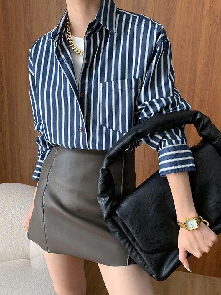 [EAM] Women Navy Blue Striped Big Size Elegant Blouse New Lapel Long Sleeve Shirt Fashion Tide Spring Autumn 2024 1DH6534