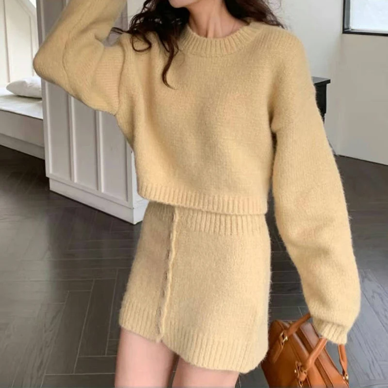 Women Fall/Winter Sweater 2 Piece Set Simple O-neck Long Sleeved Pullover and High Waist Button Up Bodycon Skirt Solid Knit Suit