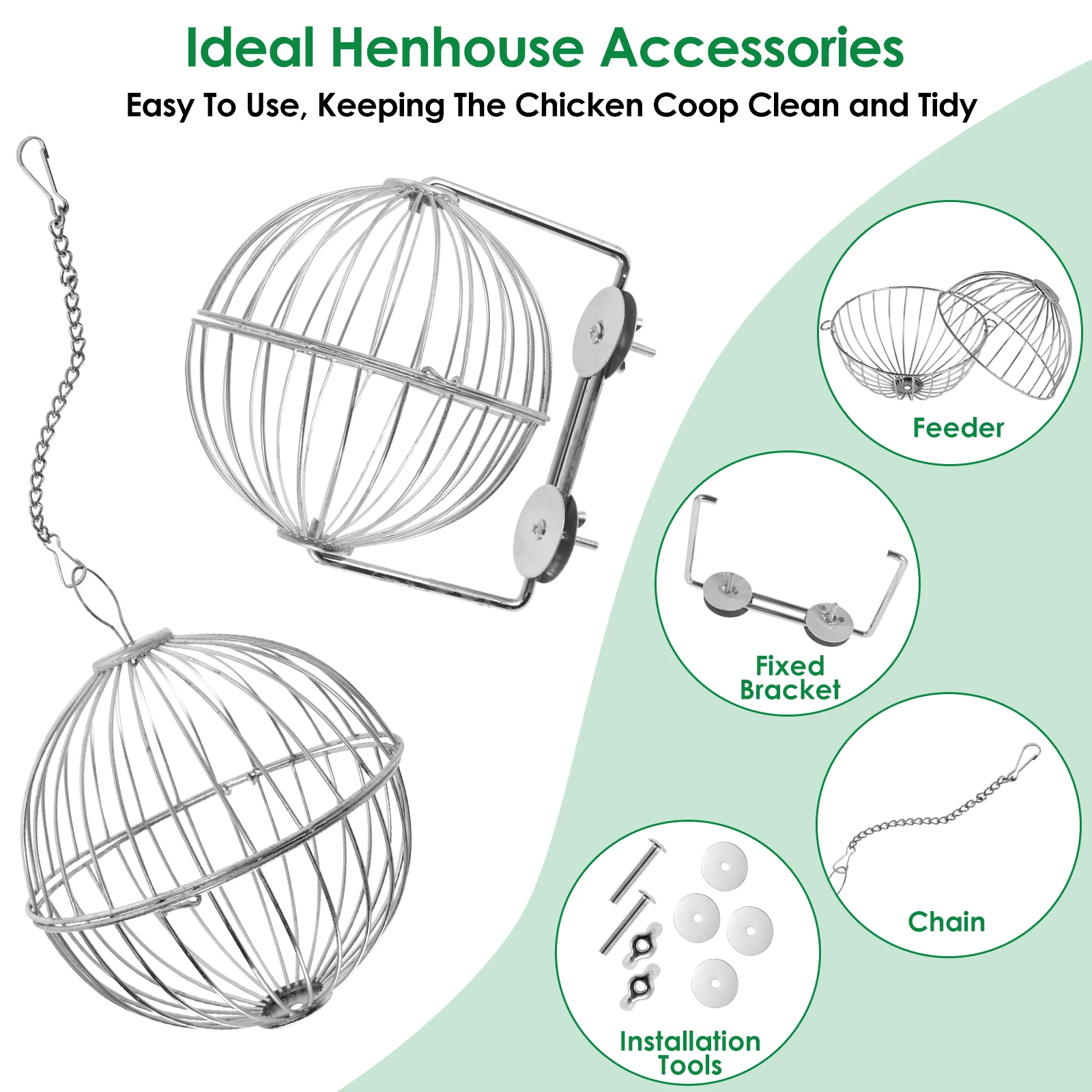 Chicken Vegetable Hanging Feeder Stainless Steel Poultry Feeder Ball Metal Detachable Feeding Ball with Chain Reusable Hanging