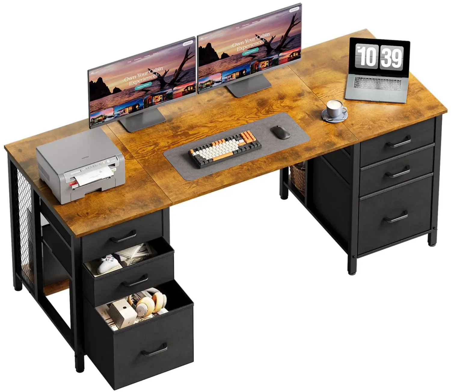 

63" Home Office Desk 6 Fabric Drawers Hidden Storage Shelves Rustic Brown, Customized