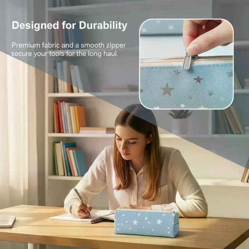 Multicolor Star Print Canvas Pencil Case Multi-functional Portable Zippered Pen Pouch Large Capacity Portable Cosmetic Bag